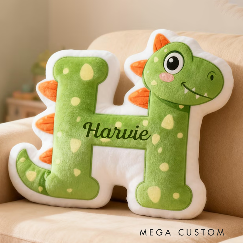 Personalized Dinosaur Letter Name Custom Soft Decorative Gift Green Dragon Style Fun Cute Cozy Playroom Lovely Boy Room Jurassic Fantasy Friendly Creature Graphic 3D Print Pillow