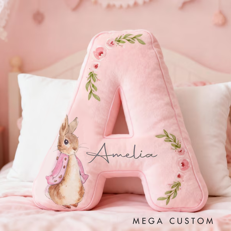 Personalized Bunny Letter Name Custom Soft Decorative Gift Floral Style Cute Gentle Cozy Bedroom Lovely Room Spring Garden Sweet Rabbit Accent Graphic 3D Print Pillow