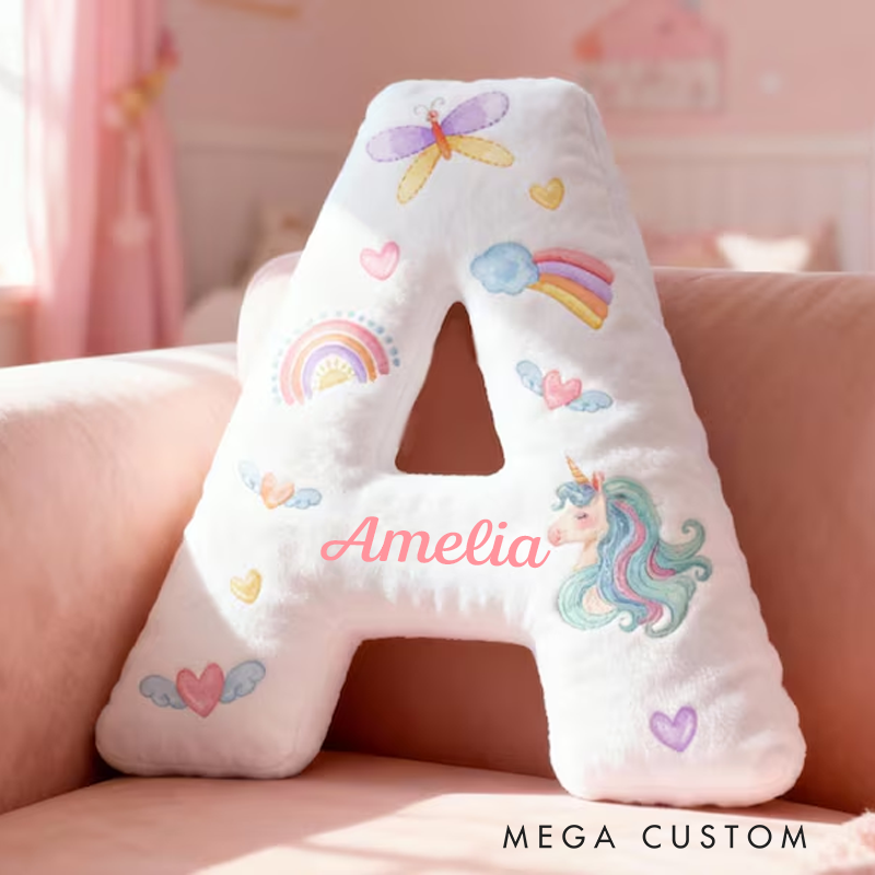 Personalized Dreamy Horse Letter Name Custom Soft Decorative Gift Rainbow Heart Style Cute Magical Dream Lovely Princess Cozy Bedroom Playroom Sweet Fantasy Graphic 3D Print Pillow