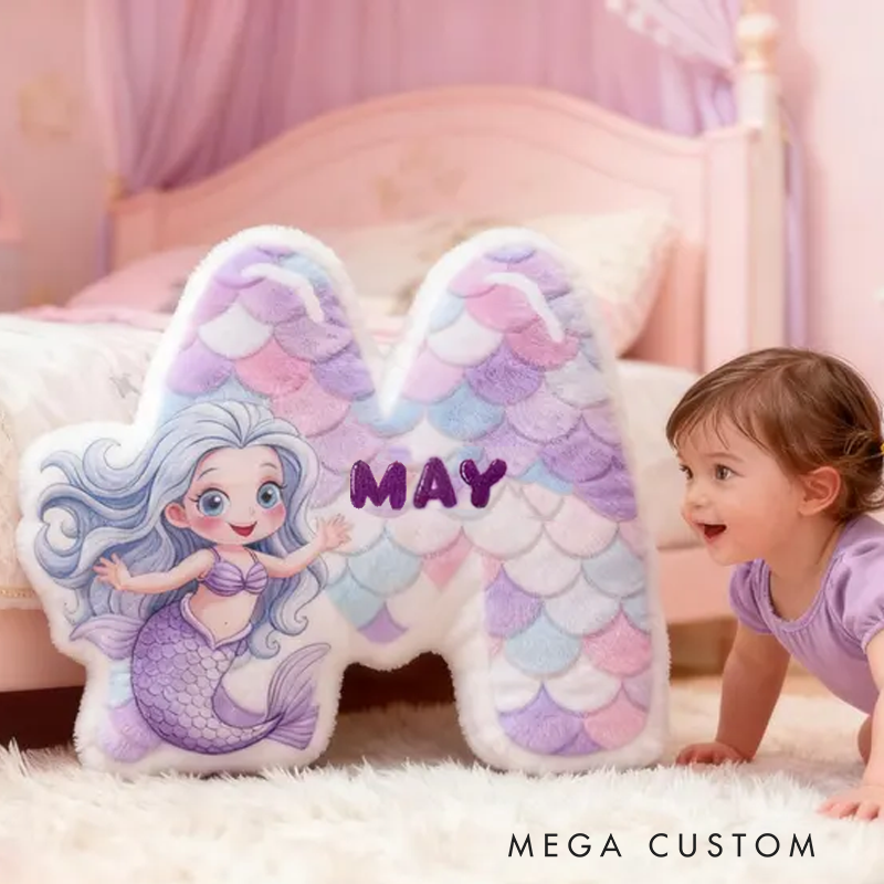 Personalized Mermaid Letter Name Custom Soft Decorative Gift Ocean Fantasy Style Cute Dream Lovely Princess Cozy Bedroom Playroom Pastel Scales Magical Sea Graphic 3D Print Pillow