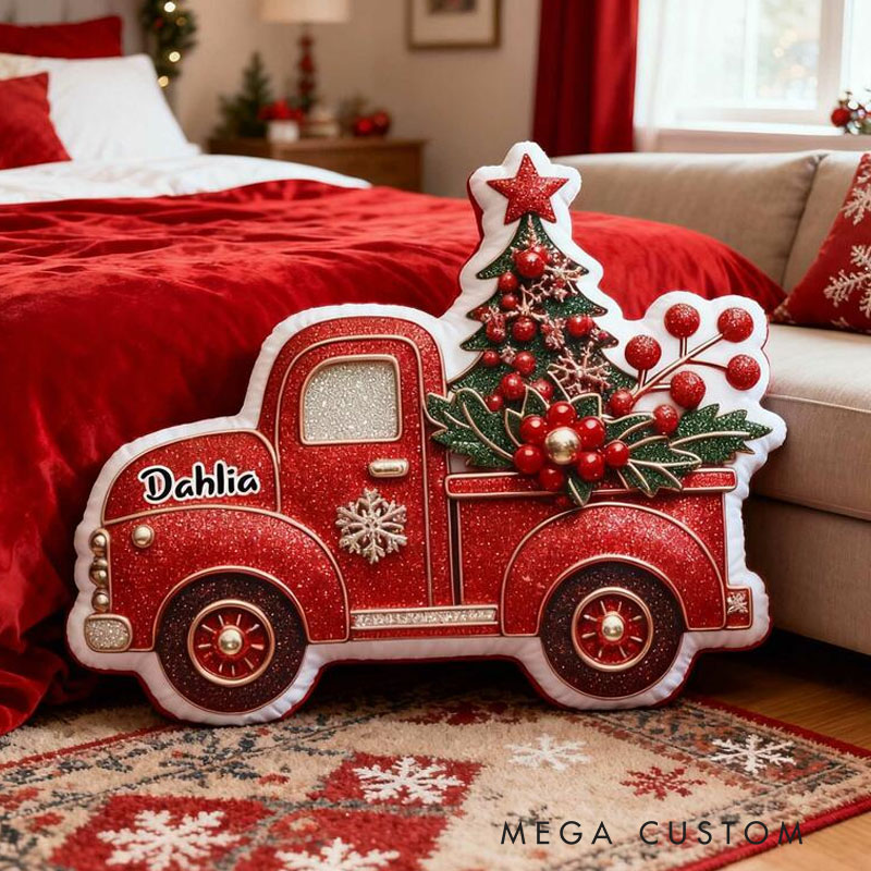 Personalized Christmas Truck Pillow Graphic 3D Print Featuring Festive Tree and Berries Customizable Name Soft Cushion for Holiday Decor Perfect Gift