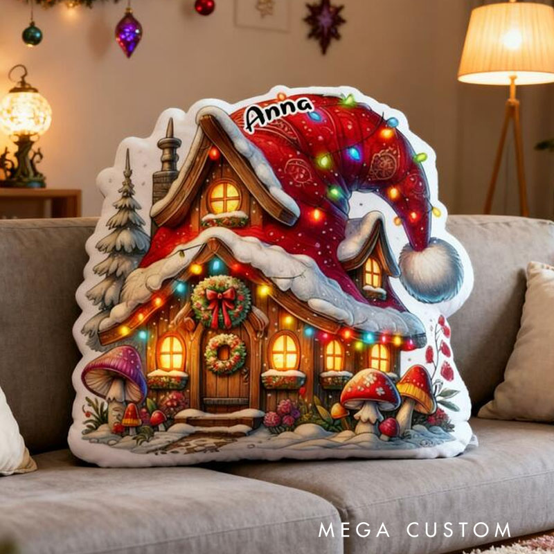 Personalized Holiday Cottage Pillow Graphic 3D Print Featuring Cozy Cabin and Festive Lights Customizable Name Soft Cushion for Christmas Decor Gift