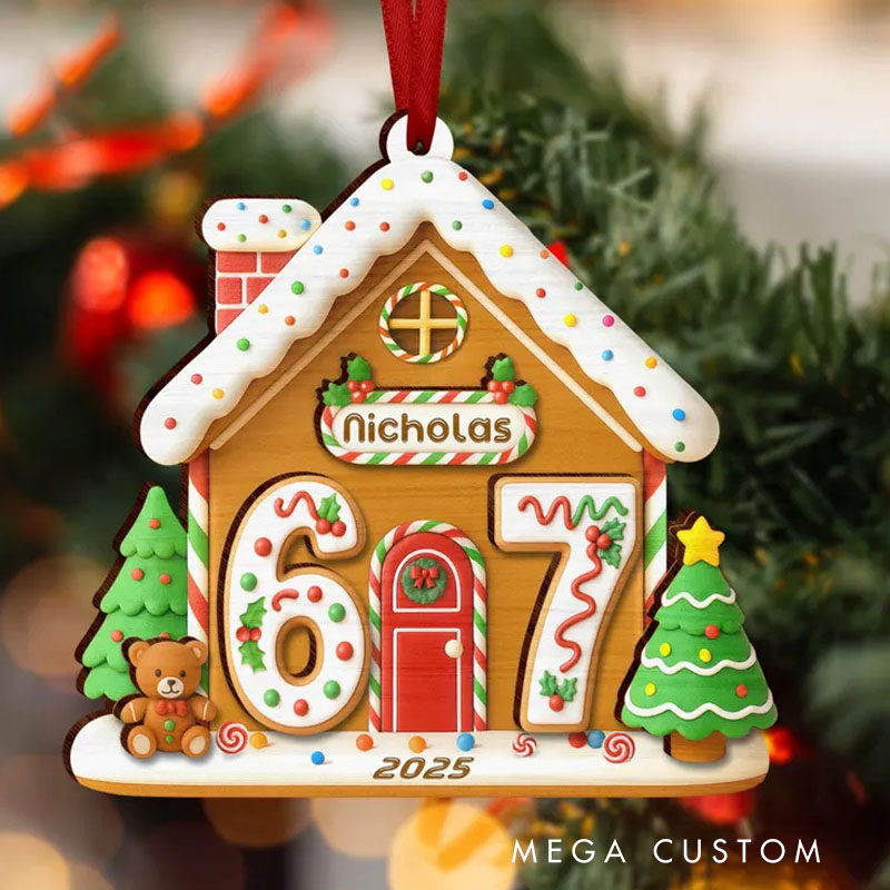 Personalized Six Seven Gingerbread House Wood Ornament Custom 67 Gen Z Slang Ornament Xmas Gift for Kids Christmas 67 Ornament Funny Kids Gift