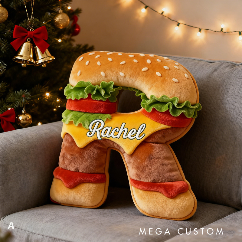 Personalized Burger Alphabet Throw Pillow Hamburger Letter Pillow with Name for Kids Girl Boy Baker Christmas Gifts Loving Room Decor