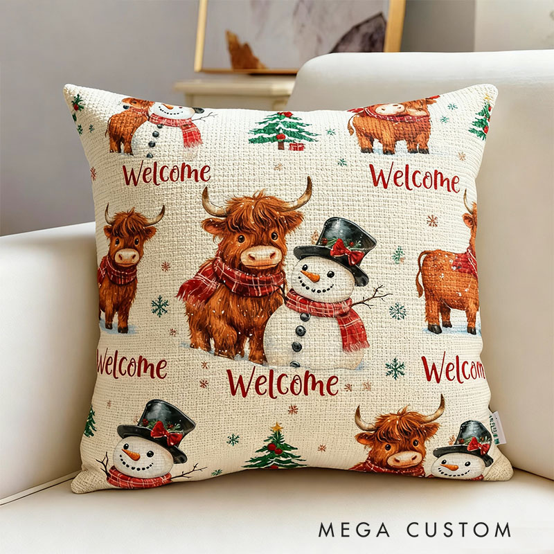 Personalized Holiday Pillow with Highland Cow and Snowman Design Cozy Christmas Decor Featuring Festive Cushion for Home Seasonal Accent Gift