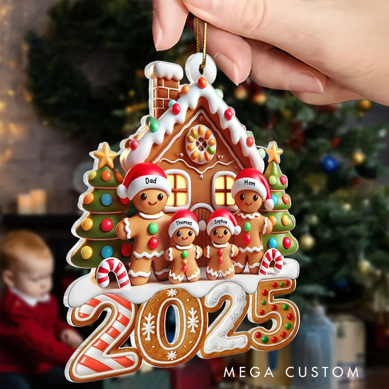 Personalized 2025 Gingerbread Family with Gingerbread House Custom Acrylic Ornament