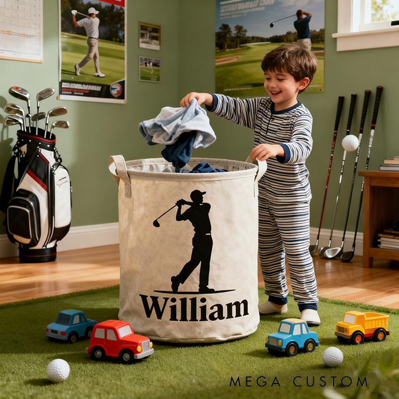 Personalized Golf Storage Basket with Custom Name  and Golfer Silhouette for Enthusiasts