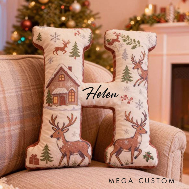 Personalized Christmas Letter Pillow with Winter Scene Design Custom Name Cushion Featuring Reindeer and Cabin for Holiday Home Decor Graphic 3D Print