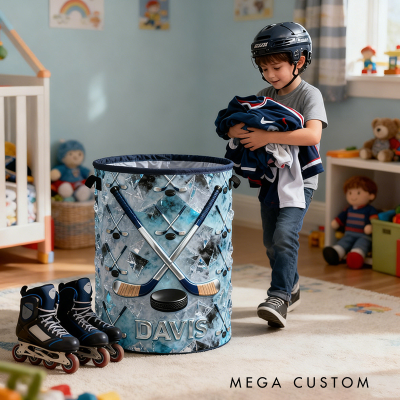 Personalized Ice Hockey Storage Basket with Custom Name and Crossed Sticks Design for Fans and Athletes