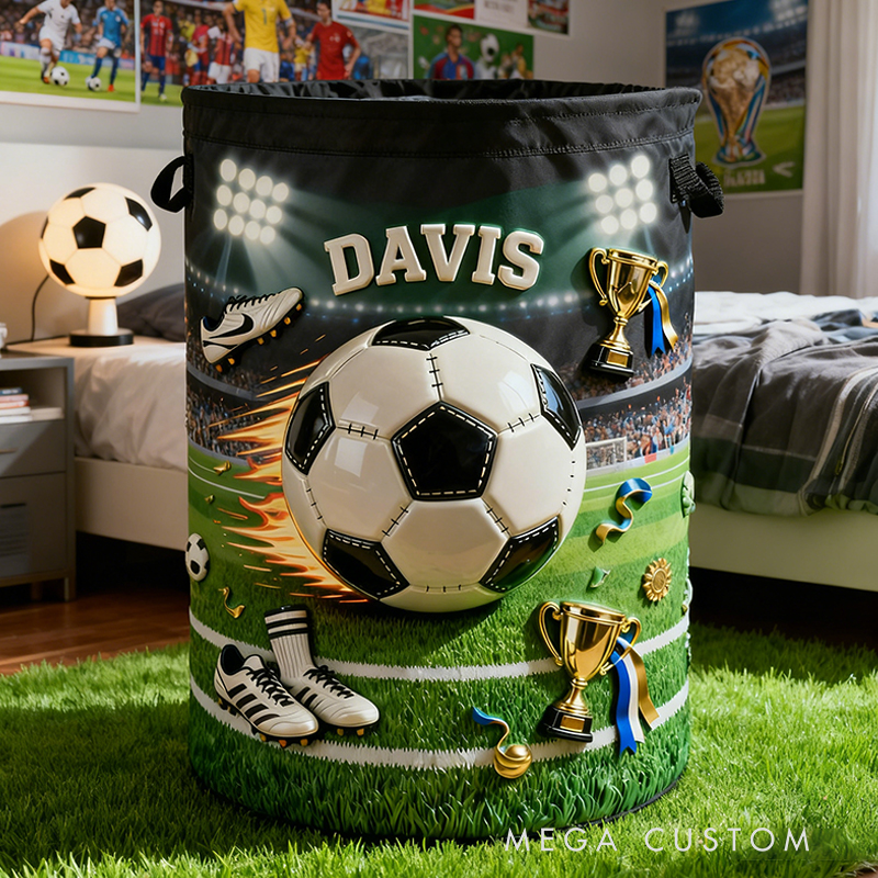 Personalized Soccer Storage Basket with Custom Name and Trophy Design for Kids and Soccer Fans