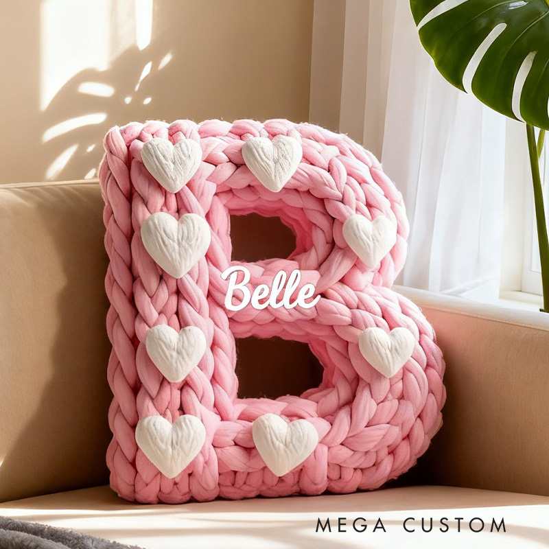 Personalized Pink Knitted Heart Alphabet Throw Pillow Knitting Letter with Name for  Girlfriend Wife Valentine's Day Gifts Loving Room Decor