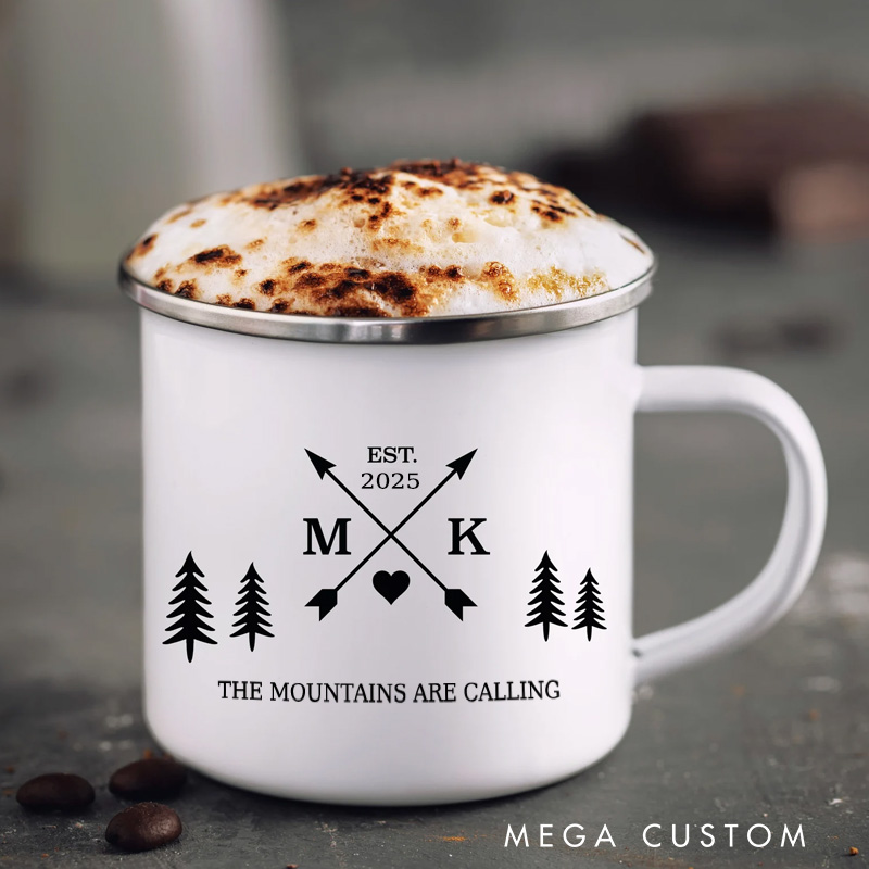 Personalised Enamel Campfire Mug Custom Outdoor Adventure Mug Couple Hiking Gift