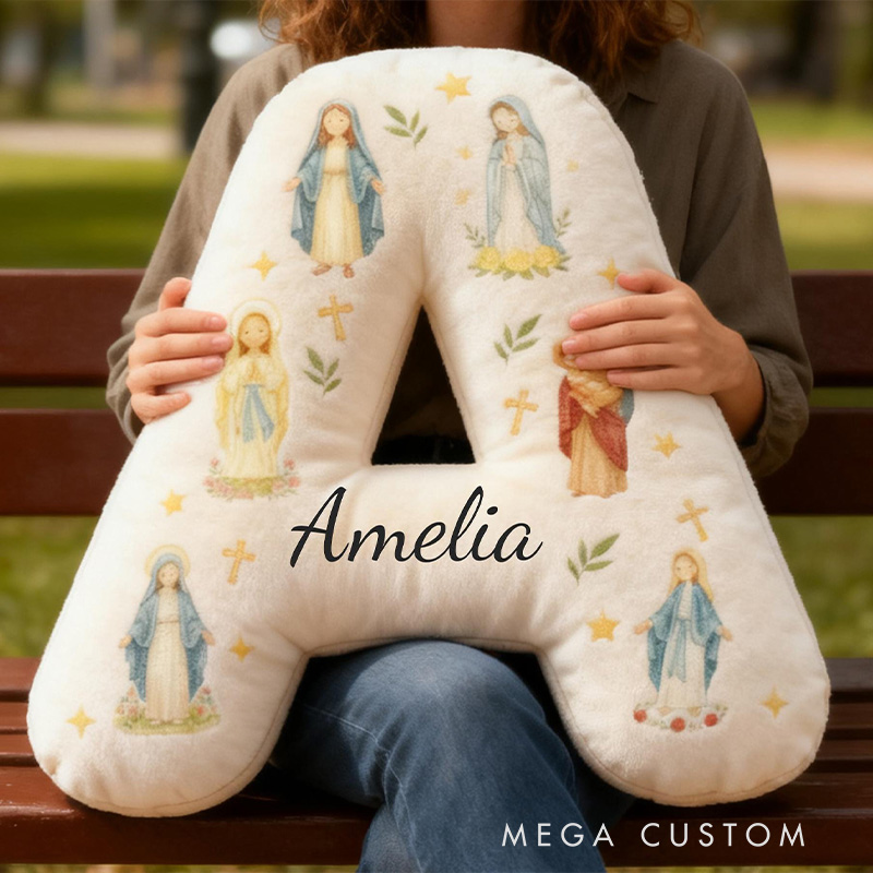 Personalized Virgin Mary Letter Pillow with Custom Name Home Decor Catholic Gift for Her Blessed Mother Gift Cross Star Olive Graphic 3D Print Pillow