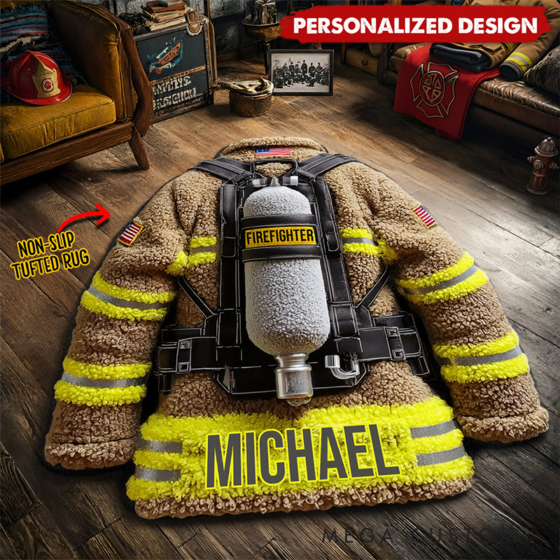 Personalized Firefighter Rug Custom Name Fireman Gear Shaped Rugs Proud Firefighter Non Slip Tufted Mat Gift for Home or Office