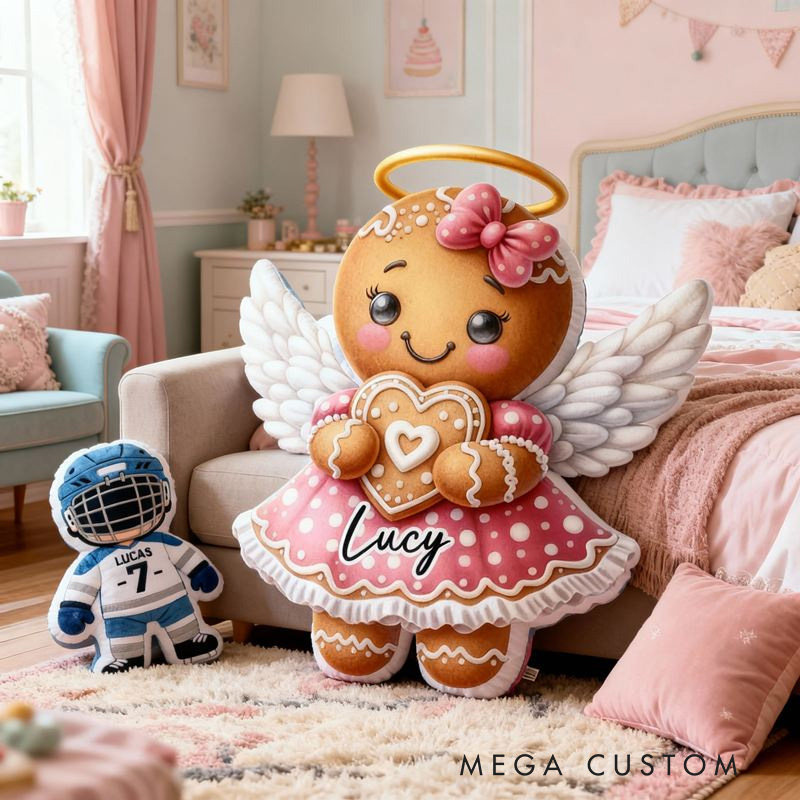 Personalized Angel Gingerbread Girl in Pink Dress Throw Pillow with Name for Kids Girl Baker Christmas Gifts Loving Room Decor