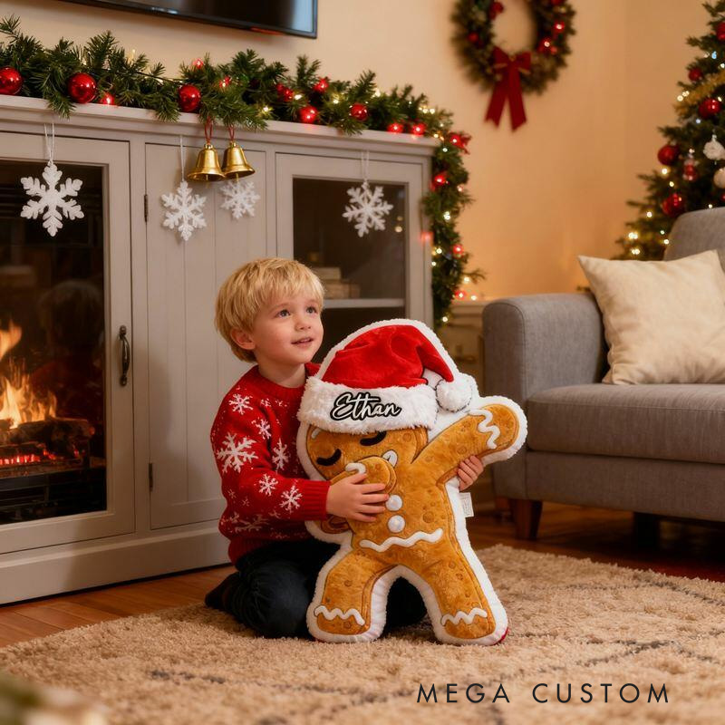 Personalized Gingerbread Man with Santa Hat Throw Pillow with Name for Kids Girl Boy Baker Christmas Gifts Loving Room Decor