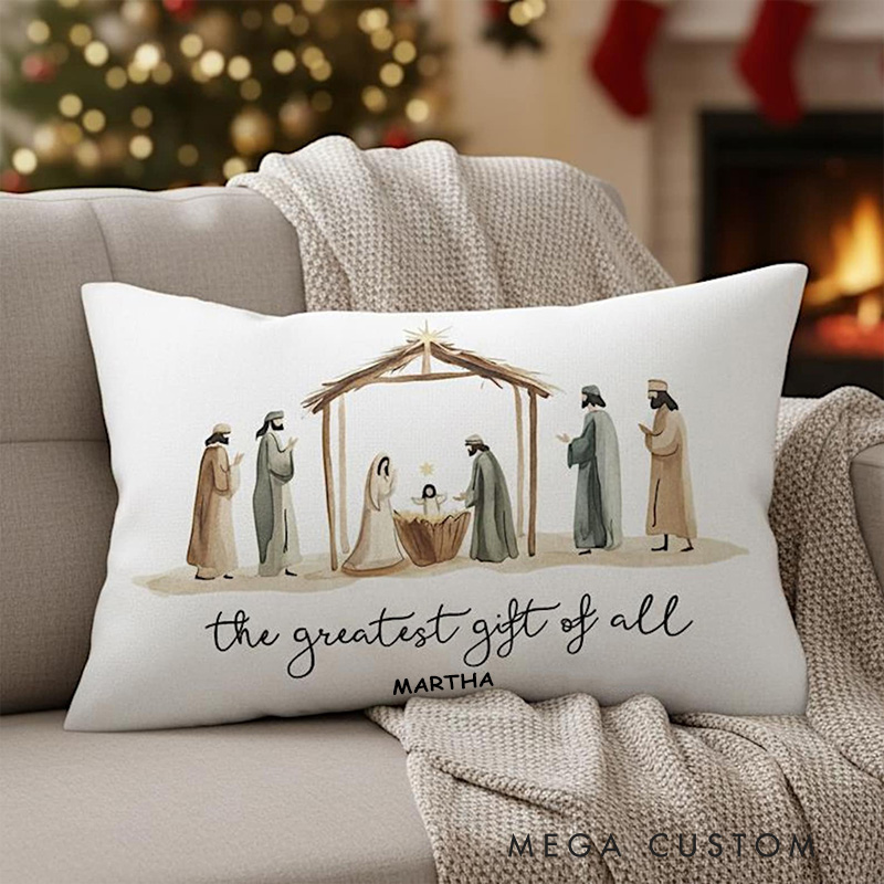 Personalized the Greatest Gift of All Christian Christmas Nativity Star Pillow with Custom Name Xmas Holiday Christian Décor Baby Jesus Religious Gift