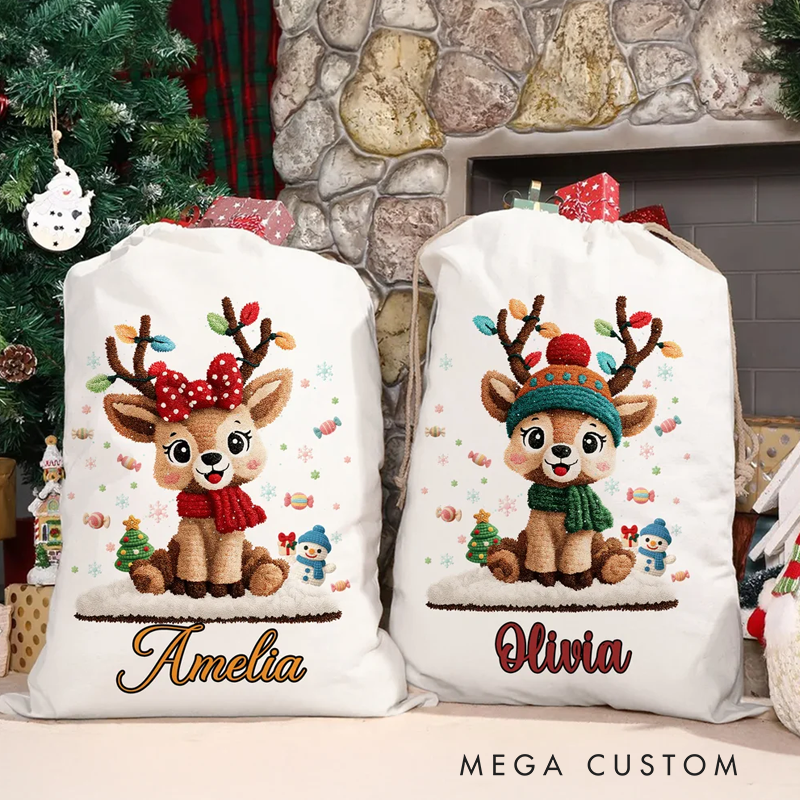 Personalized Cute Cartoon Reindeer Canvas Drawstring Gift Bag with Name Christmas Gift for Kids Family Friends