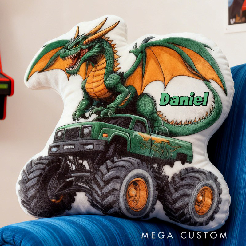 Personalized Dinosaur Monster Truck Name Custom Soft Decorative Gift Fun Playful Cozy Boy Room Exciting Power Wheels Graphic 3D Print Pillow