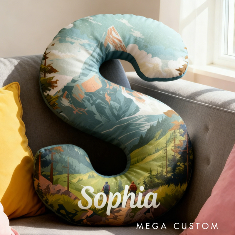Personalized Mountain Landscape Custom Initial Pillow Custom Outdoor Hiking Lover Pillow Gift for Outdoor Nature Adventure