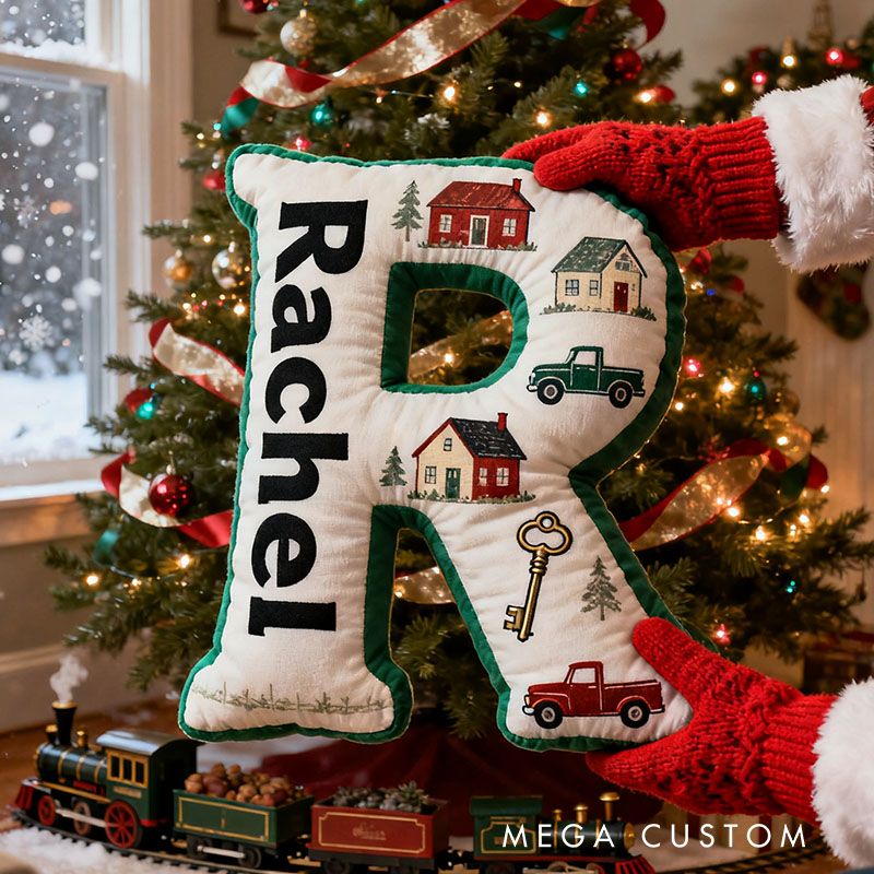Personalized Christmas Letter Pillow with House and Truck Custom Name Festive Holiday Decor Cozy Gift for Seasonal Celebration Graphic 3D Print 