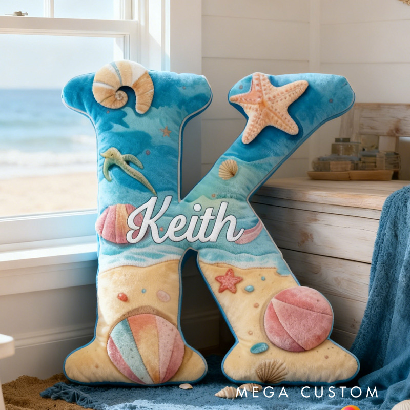 Personalized Beach Travel Alphabet Throw Pillow Seashell Letter Pillow with Name Sea Initial Pillow for Kids Boys Girls Travelling Lover Christmas Gift