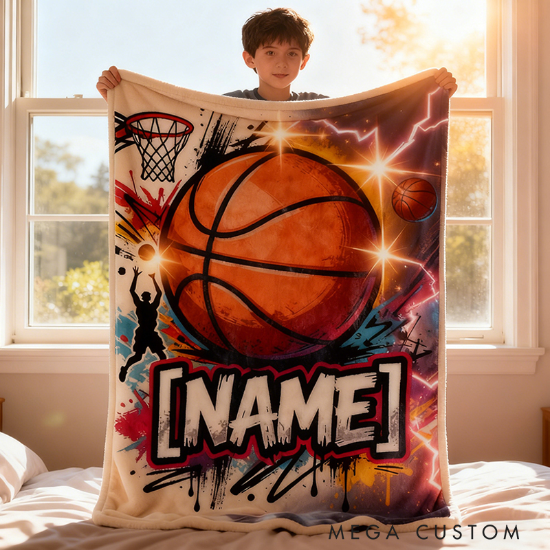 Personalized Basketball Blanket with Custom Name and Dynamic Artwork for Basketball Fans