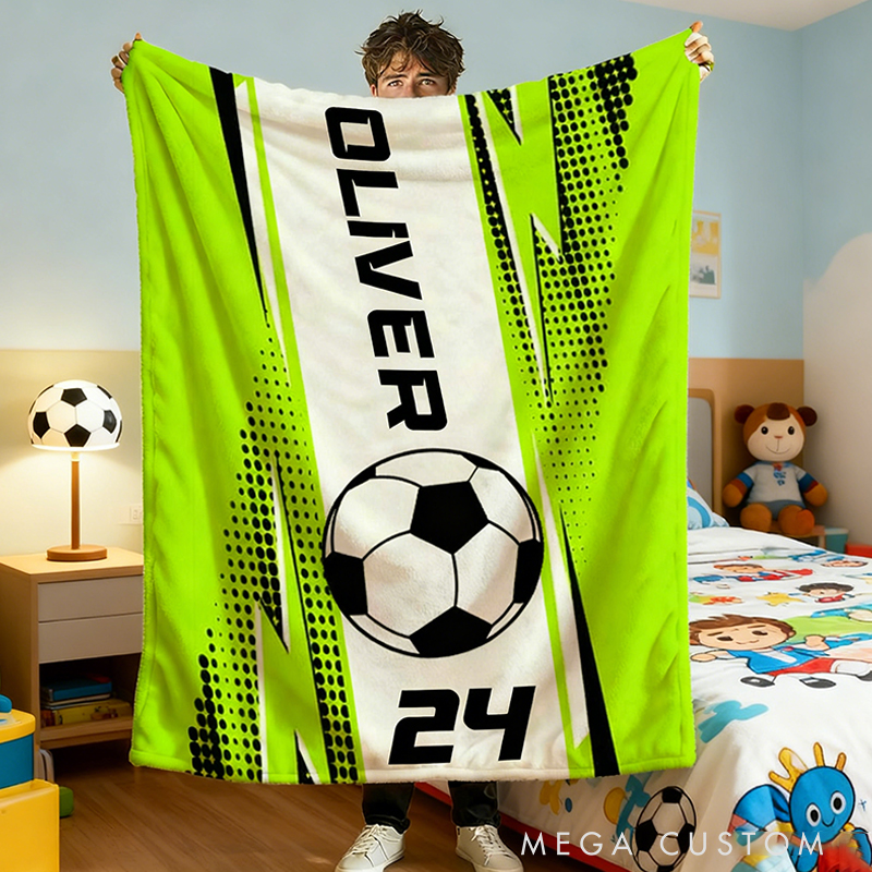 Personalized Soccer Blanket with Custom Name and Jersey Number for Soccer Fans. 