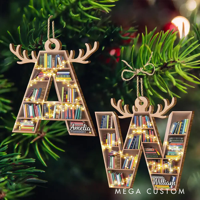 Personalized Bookshelf Alphabet Acrylic Ornament with Name Bookish Christmas Ornament Gift for Book Club Librarian Book Lovers