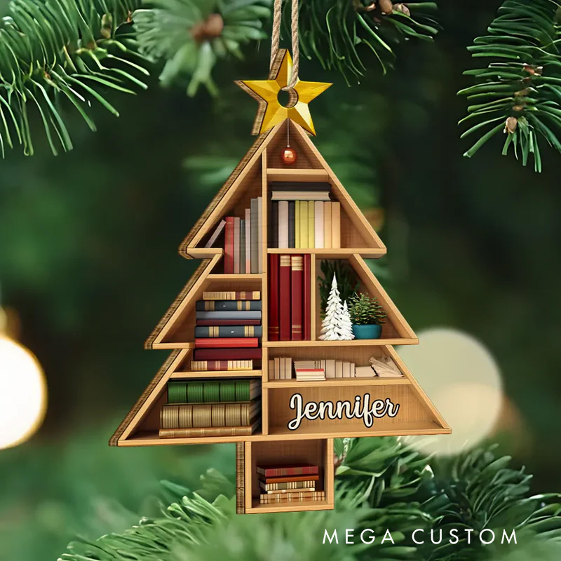 Personalized Reading Bookshelves Christmas Tree Acrylic Ornament with Name Bookish Christmas Ornament Gift for Book Club Librarian Book Lovers