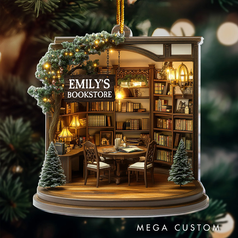 Personalized Bookstore Acrylic Ornament with Name Bookshelf Christmas Ornament Gift for Book Club Librarian Book Lovers