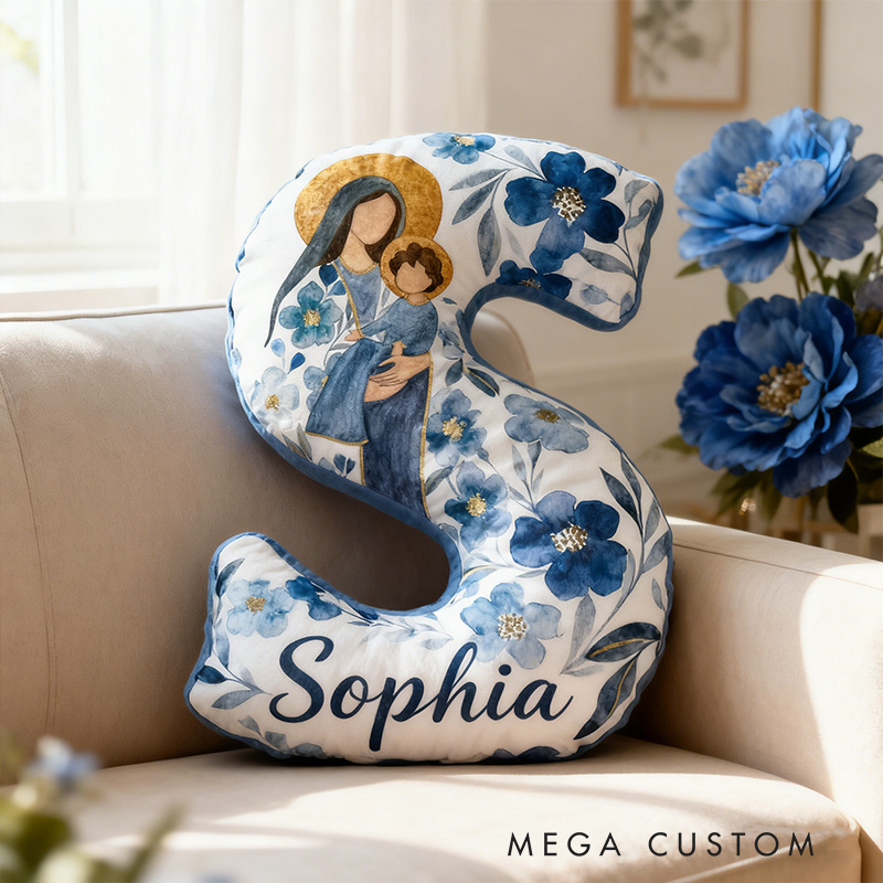 Personalized the Virgin Mary and Baby Jesus Letter Pillow with Custom Name Religious Home Decor Christian Gift Blue Floral Graphic 3D Print Pillow