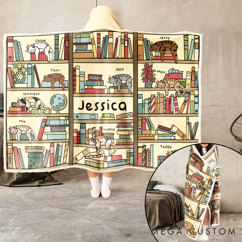Personalized Bookshelf Blanket Hoodie Custom Wearable Blanket Hoodie with Name for Book Lovers Bookworm Birthday Gift for Bookworm