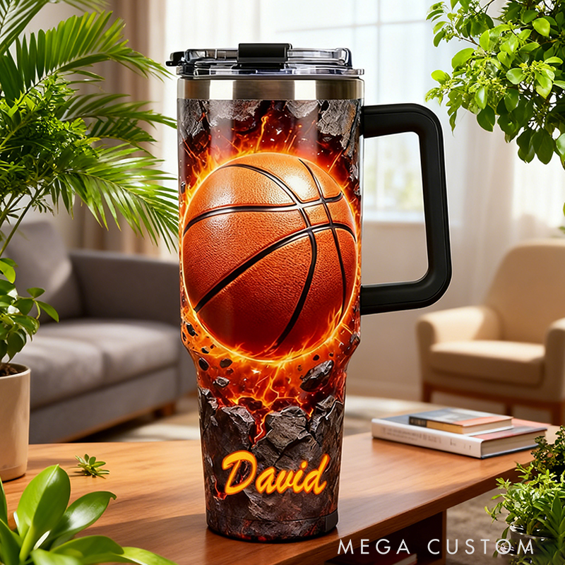 Personalized Basketball Tumbler with Custom Name and Fiery Design for Fans and Players
