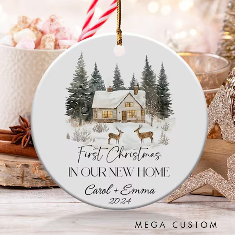 Personalized First Christmas Ornament in Our New Home 2025 Winter House Decoration with Deer Holiday Keepsake
