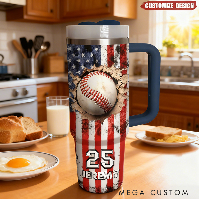 Personalized Baseball Tumbler with Custom Name, Number, and American Flag Design
