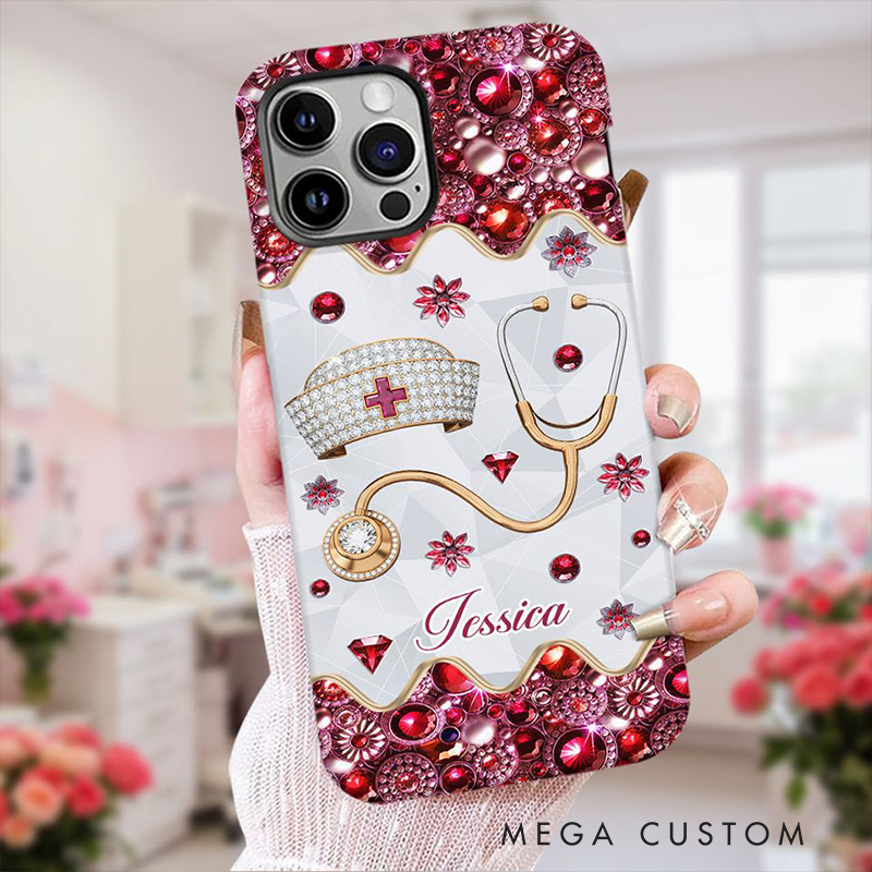 Personalized Nurse Phone Case Custom Name Nursing Hat and Stethoscope Design Gift for Nurses and Healthcare Workers