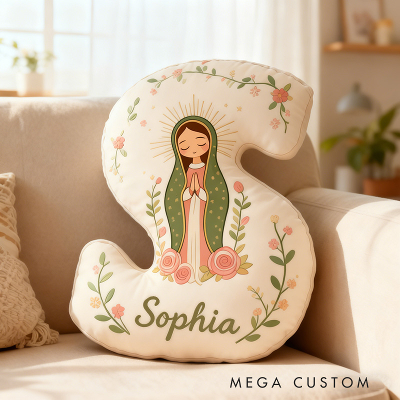 Personalized Cute Our Lady of Guadalupe Letter Pillow with Custom Name Kids Room Decor Catholic Gift for Women Baptism Gift Graphic 3D Print Pillow