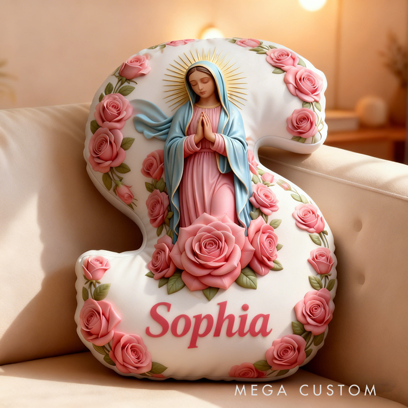 Personalized Virgin of Guadalupe Letter Pillow with Custom Name Religious Home Decor Catholic Prayer Gift for Her Pink Rose Graphic 3D Print Pillow