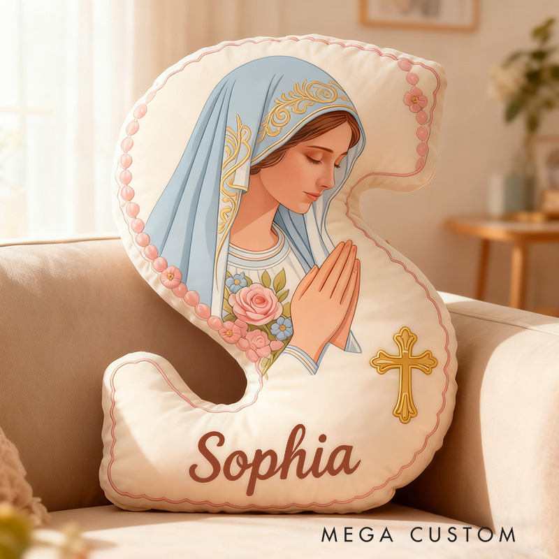 Personalized Virgin Mary Letter Pillow with Custom Name Religious Home Decor Catholic Gift for Her Gift for Prayer Faith Cross Graphic 3D Print Pillow