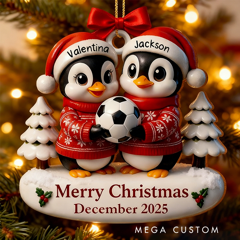 Personalized Acrylic Penguin Couple Soccer Christmas Ornament with Custom Names and Merry Christmas Message