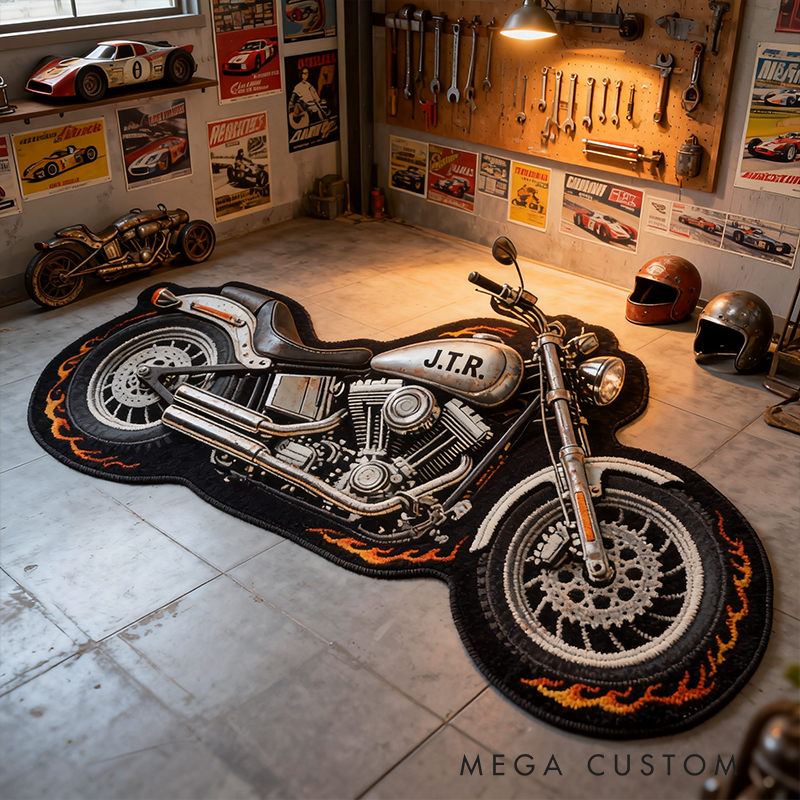 Personalized Motorcycle Shaped Rug Custom Name and Design Choice Gift for Bikers and Garage Decor