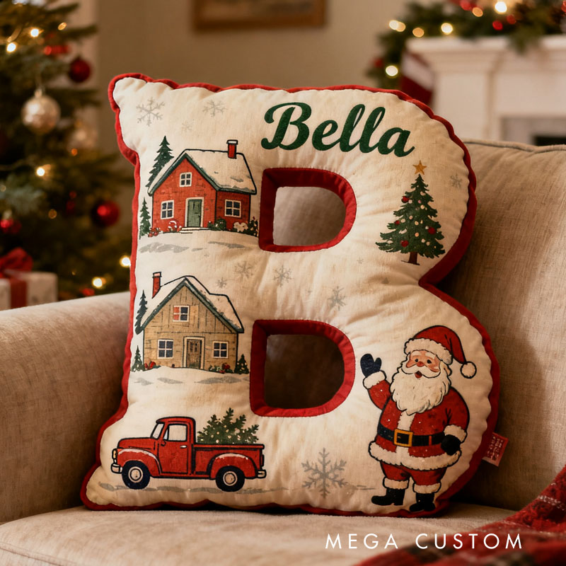 Personalized Christmas Letter Pillow Holiday Decor Custom Initial Cushion Festive Santa And Truck Design Perfect Gift For Family Or Friends