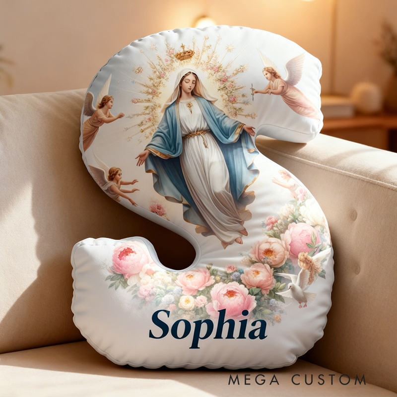 Personalized Virgin Mary Surrounded by Angels Letter Pillow with Custom Name Religious Home Decor Catholic Gift for Her Floral Graphic 3D Print Pillow