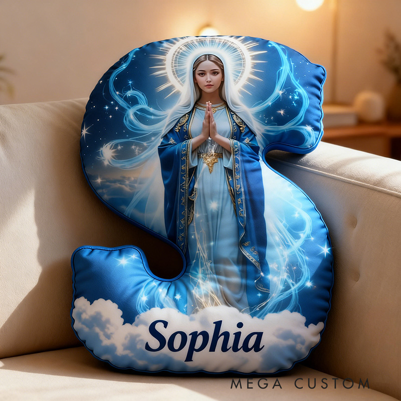 Personalized Virgin Mary Letter Pillow with Custom Name Religious Home Decor Catholic Gift for Pray & Faith Halo and Starry Graphic 3D Print Pillow