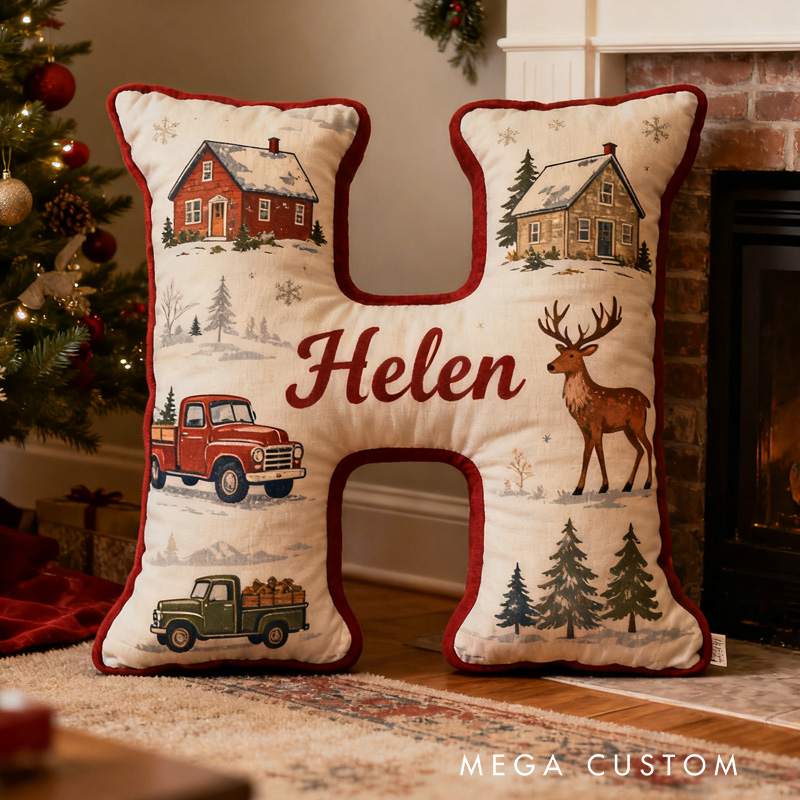 Personalized Christmas Letter Pillow Custom Festive Design With Cozy Houses Vintage Trucks And Reindeer Holiday Home Decor Gift Graphic 3D Print