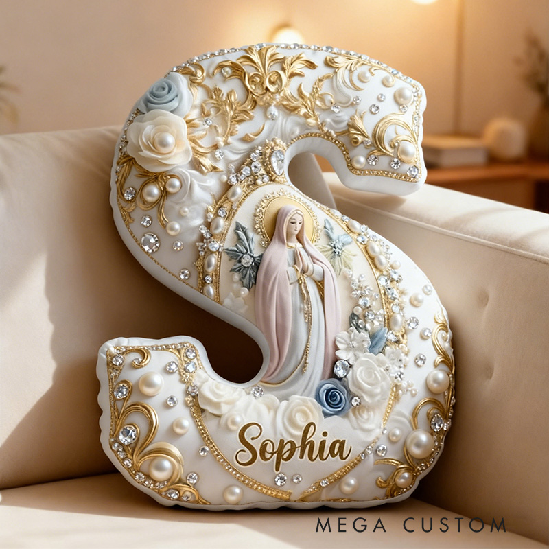 Personalized Virgin Mary Letter Pillow with Custom Name Religious Home Decor Catholic Gift for Her Pray Gift Pearl and Floral Graphic 3D Print Pillow