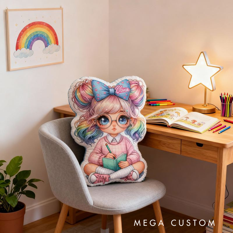 Personalized Cute Girl with Colorful Bow Hair Design Throw Pillow Cartoon Girl Pillow with Name Book Initial Pillow for Kids Boys Girls Book Lover Christmas Gift