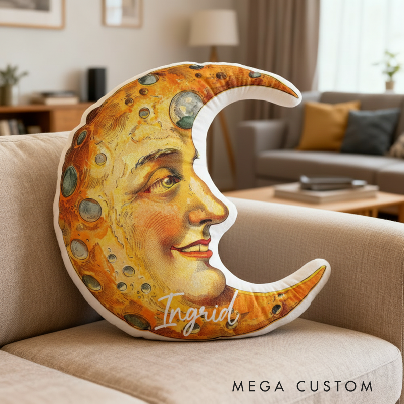 Personalized Moon Face Name Custom Soft Decorative Gift Celestial Dream Style Cozy Bedroom Magical Night Sky Star Romantic Fantasy Warm Glow Art Graphic 3D Print Pillow