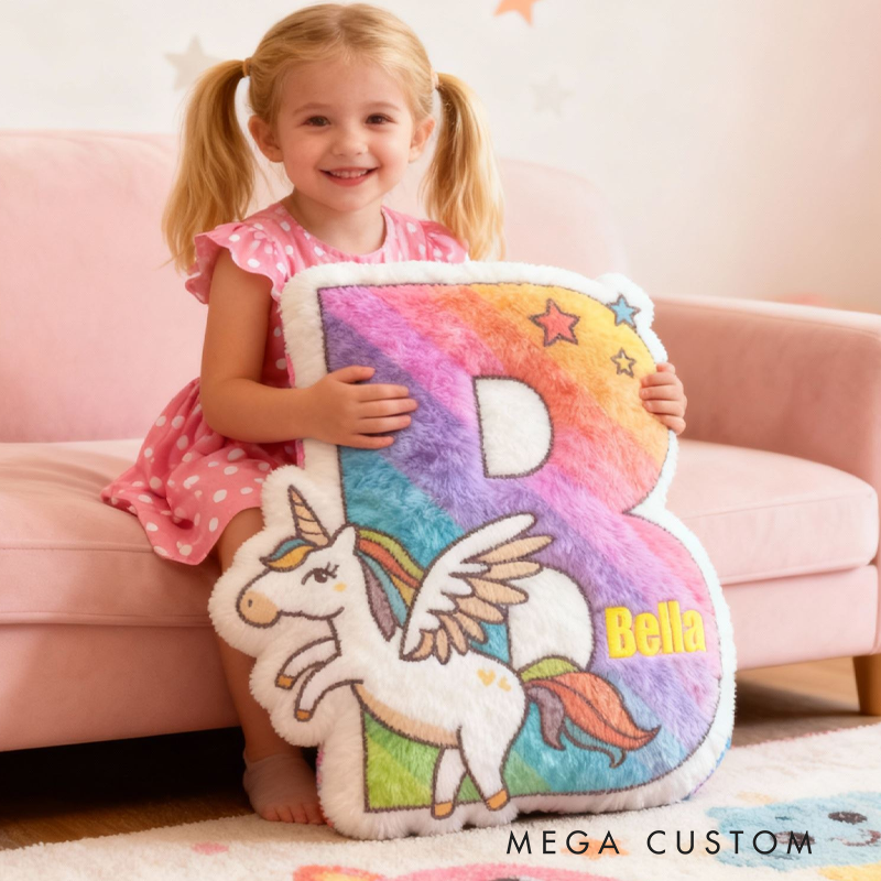 Personalized Rainbow Horse Letter Name Custom Soft Decorative Gift Magical Fantasy Style Cute Dream Lovely Princess Cozy Bedroom Playroom Colorful Star Graphic 3D Print Pillow